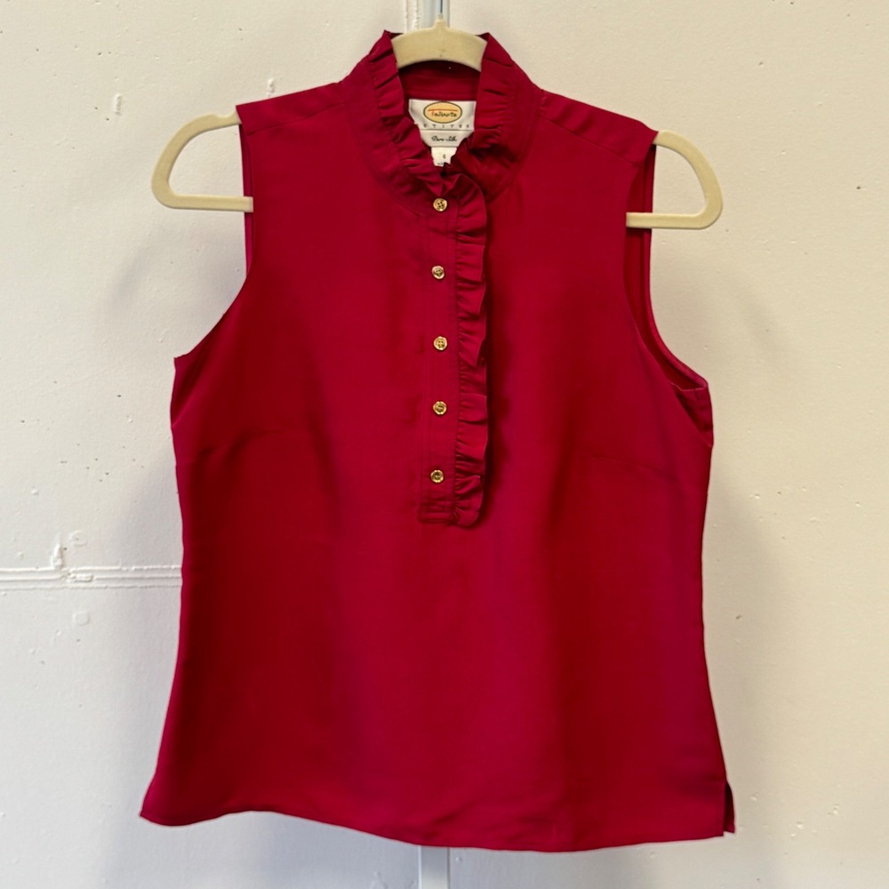 Vintage Talbots Petites Red 100% Pure Silk Ruffle Neck Sleeveless Blouse Size 6P
